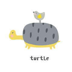 Cute cartoon character turtle. Funny turtle with bird  illustration. You can use the print design for t-shirts, posters and cards. 