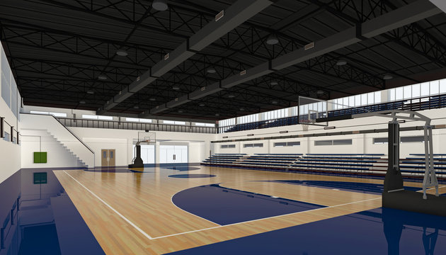 Basketball court and basketball hoop