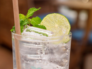 Lemon soda with ice in the glass 1