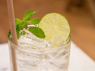 Lemon soda with ice in the glass 2