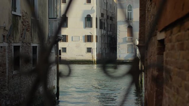 A part of a Venice area being seen through the openwork lattice. Stucco and stone facades with beautiful architectural details and wooden shutters. A narrow shadowed street behind the buildings. The