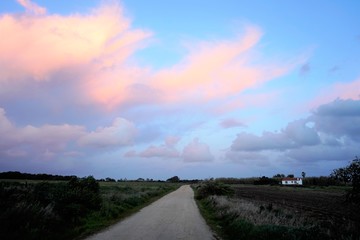 A gravel path through the field, a white small house visible in the distance and pink sunset clouds, Portugal, Alentejo 