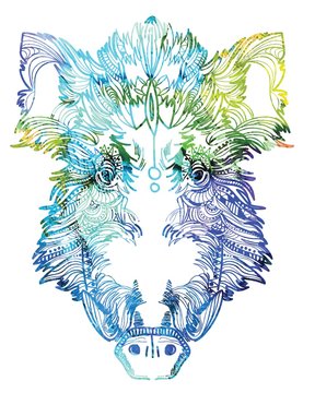 Head of a wild boar. Meditation, coloring of the mandala. Pig head with fangs and hair. Drawing manually, templates.