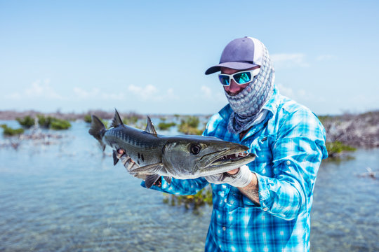 Fly fisherman presenting a big barracuda