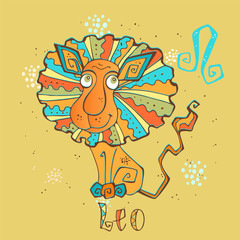 Children's horoscope icon. Zodiac for kids. Leo sign . Vector. Astrological symbol as cartoon character.