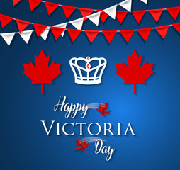 Happy Victoria Day - Victoria Day icon with Canada flag and crown. Canada maple leaf.