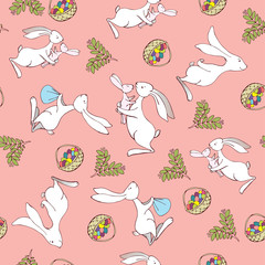 Fototapeta na wymiar Happy Easter. Seamless pattern happy character white Easter Bunny holding colored egg, Rabbit hare background for printed 