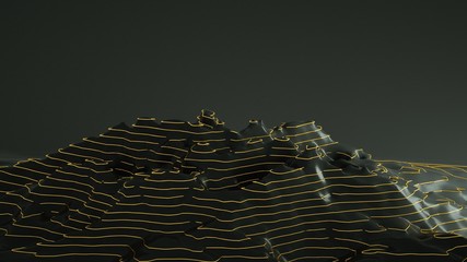 Mountain topographic gold line circle. 3D rendering 