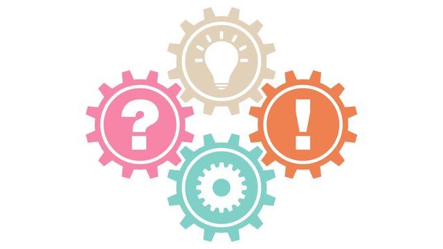 4 Drehende Zahnr&auml;der Frage, Idee, Arbeit & Antwort &Uuml;bereinander Retro