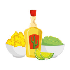 tequila bottle with nachos and guacamole