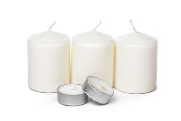 White Wax Candles Lights Isolated on White Background