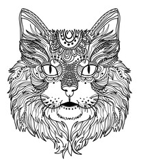 The head of a cat. Fluffy kitten. Drawing manually in vintage style. Meditative coloring. Coloring for children. Arrows, points, patterns.