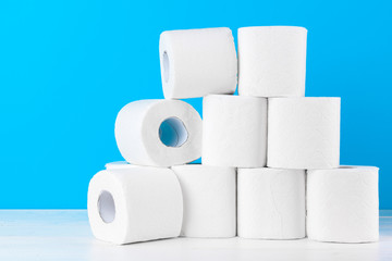 Toilet paper. Close up shot on blue background