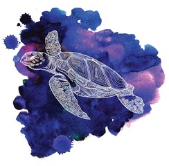 The sea turtle swims. Meditative coloring of antistress. Arrows, strips, scales, lines. Logo, print on the T-shirt. Children's painting, drawing by hand. 