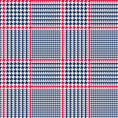 Navy Blue Glen Plaid Seamless Vector Pattern with Red Overcheck. Prince of Wales Check. Patriotic Colors. Classic 8x8 Houndstooth Textile Print.  Pixel Pattern Tile Swatch Included.