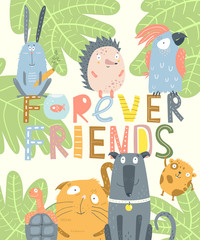 Dog Cat Parrot Bunny and Turtle Poster Animals