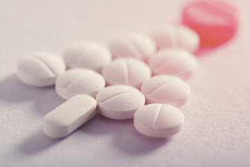 Medicine tablets on white background , Pharmacy theme