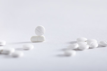 Medicine tablets on white background , Pharmacy theme