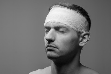 bandaged head, black and white photo