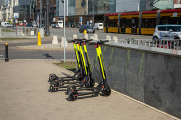 Warsaw, Poland April 03, 2019. Parked electric scooters. A new alternative in public transport.