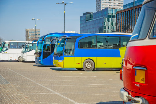 Tourist Empty Buses In The Parking Lot Of The Station.