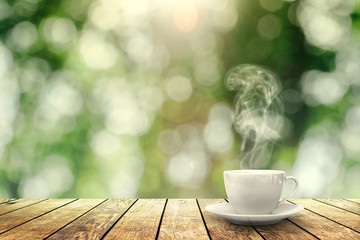 hot coffee on the table on a winter background