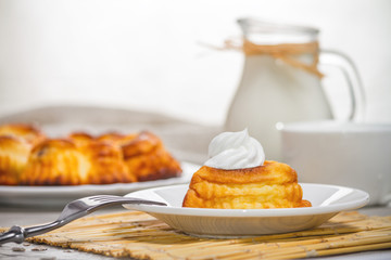 Cheese curd dish for breakfast - sweet cottage cheese pancakes, syrniki, curd fritters, selective focus