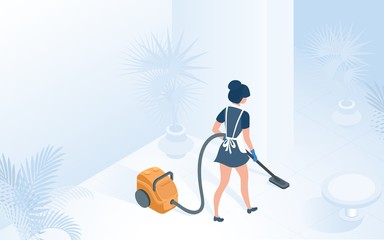 Maid in Uniform Vacuuming Floor in Hotel Hallway