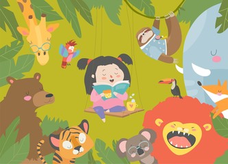Little girl reading book with cartoon animal. Lion,tiger,giraffe,slot