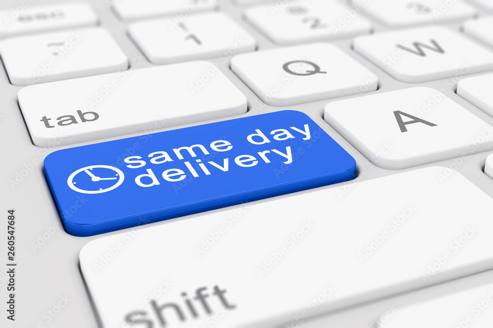 Poster 3d render of a keyboard with blue same day delivery button.