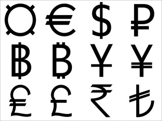 Currency symbol icons set. Color is golden. Collection of currency symbols - currency, euro, dollar,  ruble, Thai bat, bitcoin,  yuan, Japanese yen, pound,  rupee, turkish lira.