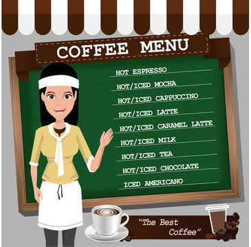 Coffee menu with a cup, coffee girl 