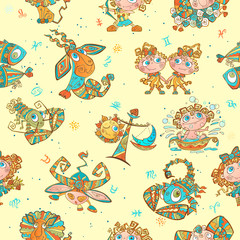 Seamless pattern with zodiac signs for kids. Vector. zodiac circles.