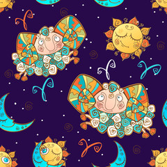 A fun seamless pattern for kids. Zodiac sign Aries. Vector.