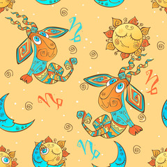 A fun seamless pattern for kids. Zodiac sign Capricorn. Vector