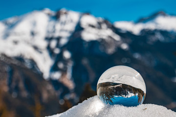 Crystal ball alpine winter landscape shot at the Achensee-Pertisau-Tyrol-Austria