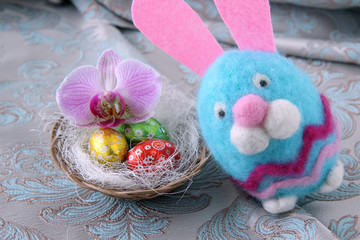 bunny, easter eggs and spring flowers	