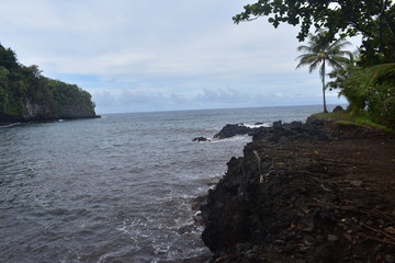 Fototapeta premium Waves Crashing on Rocky Shore in Hawaii white foam as the waves wash over the rocks under a blue sky