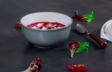 Beetroot soup and fresh lettuce salad