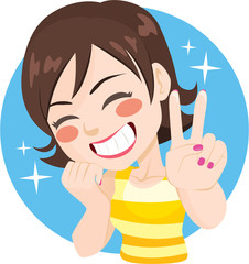 Cheerful happy woman smiling making victory sign with hand