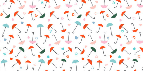 Umbrellas and Hearts - seamless pattern. Small colorful umbrellas, hearts. Drawing in retro style. Background or texture for tissue paper, etc.