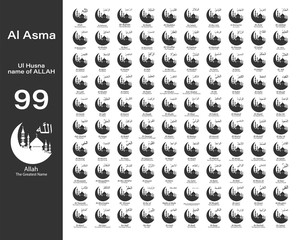 Asmaul Husna (99 names of Allah). Arabic calligraphy on mosque and crescent. Suitable for print, placement on poster and web sites for Islamic education.
