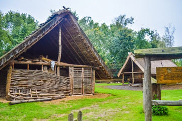 Ancient wooden house in Biskupin village, Poland