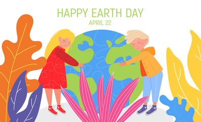 Happy Earth Day Banner. Little cute boy and girl are hugging planet. World environment day background. Save the earth. Green day. Vector illustration