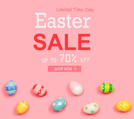 Easter sale message with Easter eggs on a pink background
