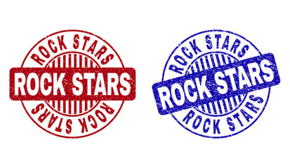 Grunge ROCK STARS round stamp seals isolated on a white background. Round seals with grunge texture in red and blue colors. Vector rubber imitation of ROCK STARS title inside circle form with stripes.