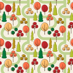 Park with sidewalks. Seamless vector pattern with different trees.