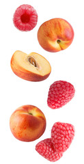Falling fresh berries and peaches isolated on white background