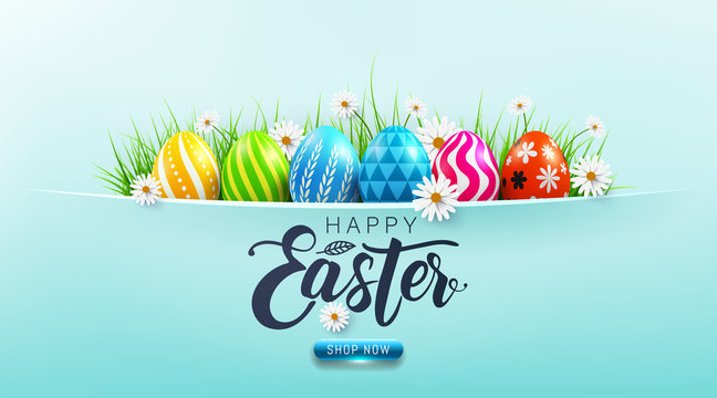 Happy Easter sale poster and template with Easter Eggs and flower on blue.Greetings and presents for Easter Day.Promotion and shopping template for Easter Day.Vector illustration EPS10