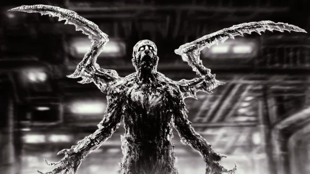 Dark zombie insect standing inside spaceship with blinking light. Spooky space mutant flashy character 2D animation. Animated video clip in fiction horror genre. Flickering, noise and movie effects.